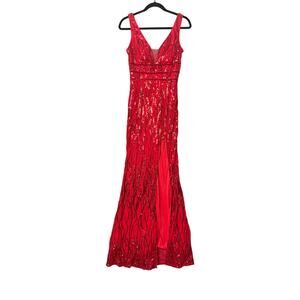 MISS ORD V-Neck Red Sequin Leg Slit Maxi Dress SZ Medium Prom Wedding Formal